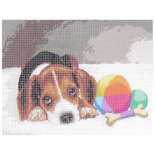 Kit canevas motif chiot 15x20 cm avec toile imprimée, fils coton et aiguille. Canocea France.