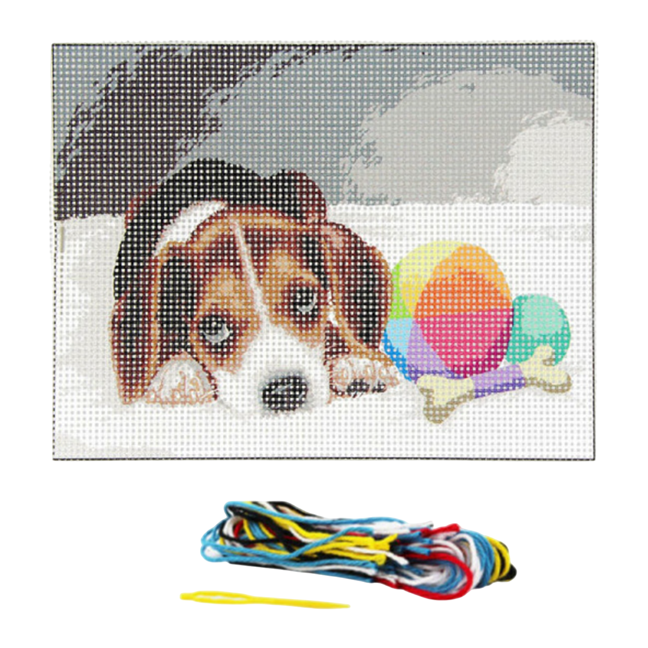 canevas complet avec une toile imprimée 15x20cm avec un chiot, fils coton, aiguille et notice pour apprendre la broderie.  Canocea France