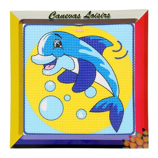 Kit canevas Dauphin bulles 15x15 cm coton gros trous – broderie enfants. Canocea France