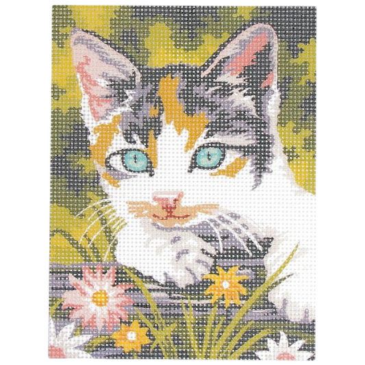 Kit canevas motif chaton dans l'herbe 15x20 cm toile imprimée, fils coton et aiguille - canocea France