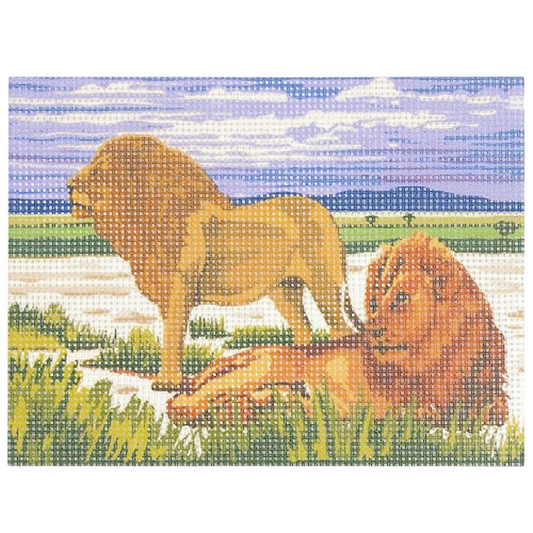Kit canevas motif lions sur toile imprimée 15x20 cm avec fils et aiguille. Canocea France.