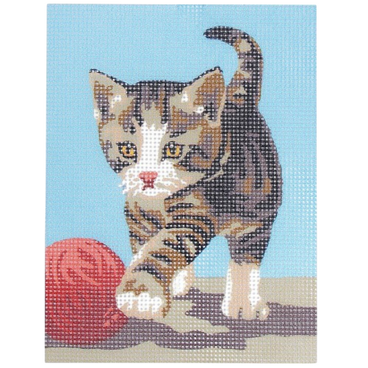 Kit canevas motif chaton joue 15x20 cm toile imprimée, fils coton et aiguille. Canocea France.