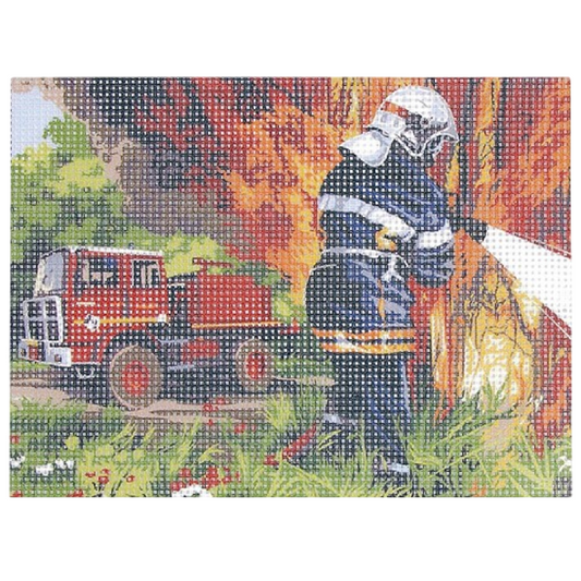 Kit canevas motif pompiers 15x20 cm avec toile imprimée, fils en coton et aiguille. Canocea France.