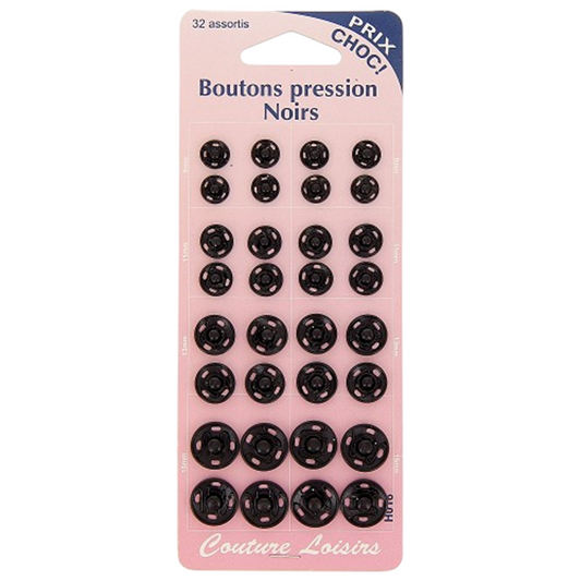 Boutons pression - Tailles assorties  - noir - 32 jeux - inoxydable - à coudre