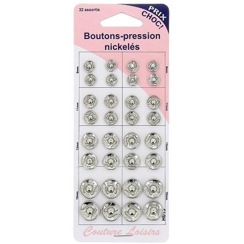 Boutons pression - Tailles assorties  - argenté - 32 jeux - inoxydable - à coudre