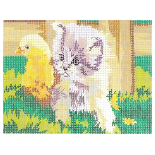 Kit canevas motif chaton avec poussin 15x20 cm toile imprimée, fils coton et aiguille. Canocea France.