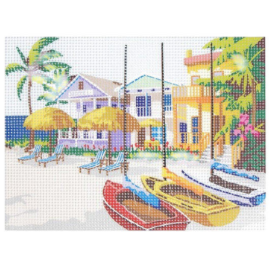 Kit canevas motif barques 15x20 cm avec toile imprimée, fils coton et aiguille. Canevas Feance.