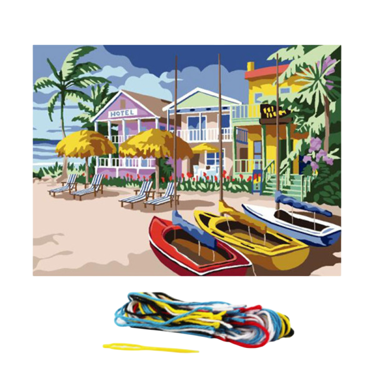 canevas complet exotique, toile imprimée en coton avec, des fils coton, aiguille, et notice pour réaliser une broderie. Canocea France