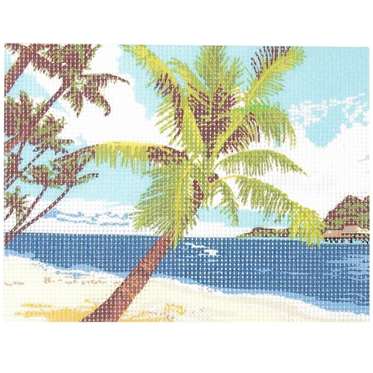 Kit canevas motif palmiers 15x20 cm avec toile imprimée, fils coton et aiguille. Canocea France.