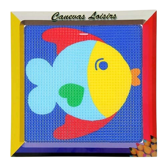 Kit canevas enfant motif poisson coloré, 15x15 cm, toile coton et fils inclus - Canocea France