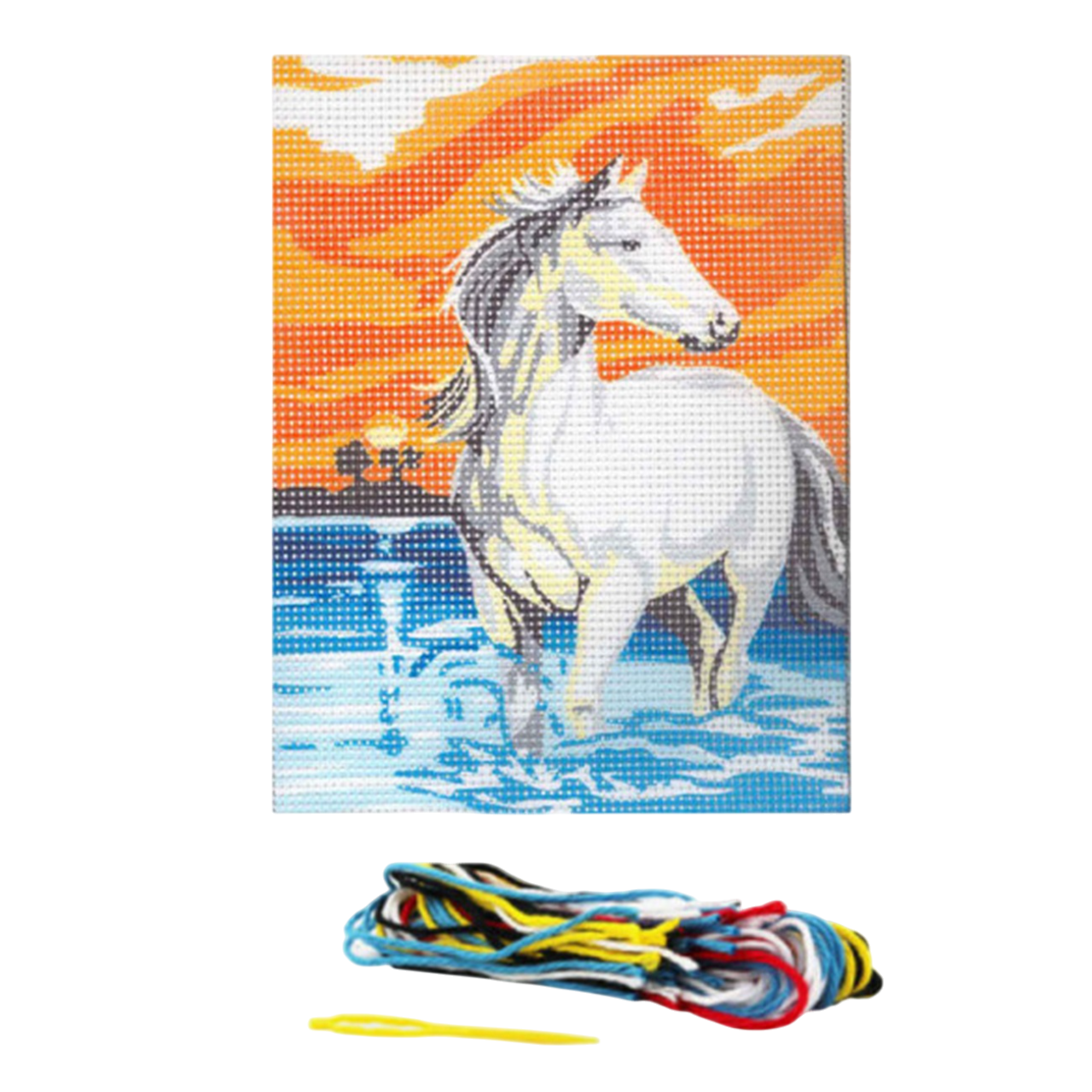 kit complet incluant une toile imprimé en coton avec un dessin de cheval, des fils coton, une aiguille et la notice pour réaliser facilement cette broderie. Canocea France