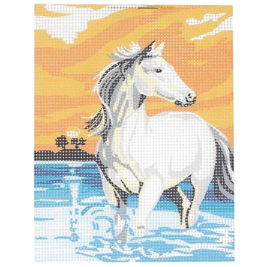 Kit canevas motif cheval blanc 15x20 cm toile imprimée, fils coton et aiguille. Canocea France.