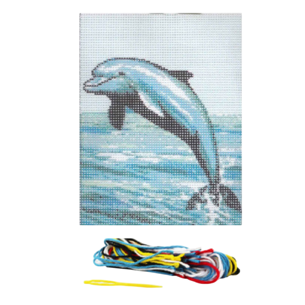 set complet canevas tout le nécessaire pour réaliser sa broderie, toile imprimé saut de dauphin, du fils, une aiguille, et la notice.