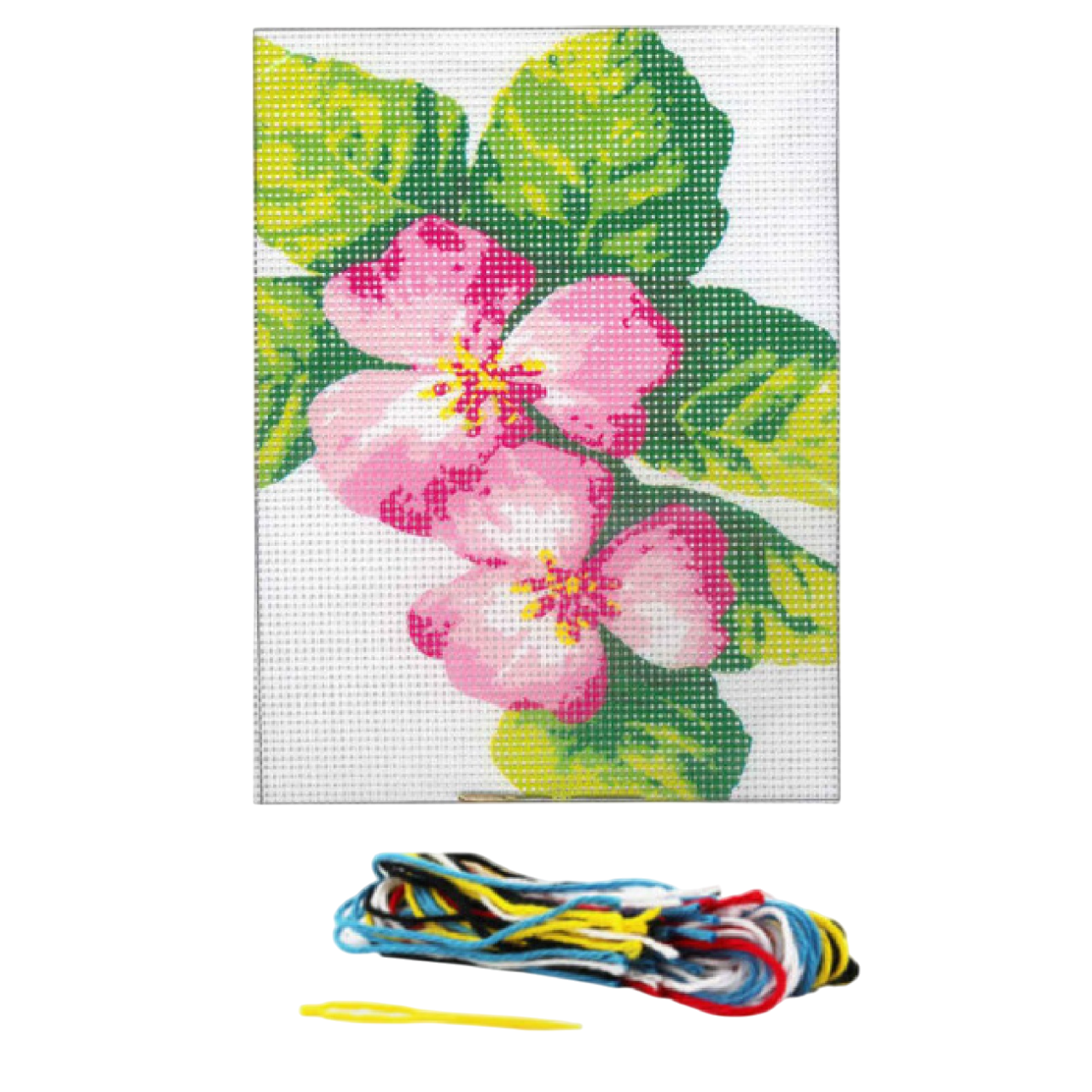 ensemble complet pour réaliser un canevas, une toile imprimé fleurs, du fils, une aiguille, et la notice.