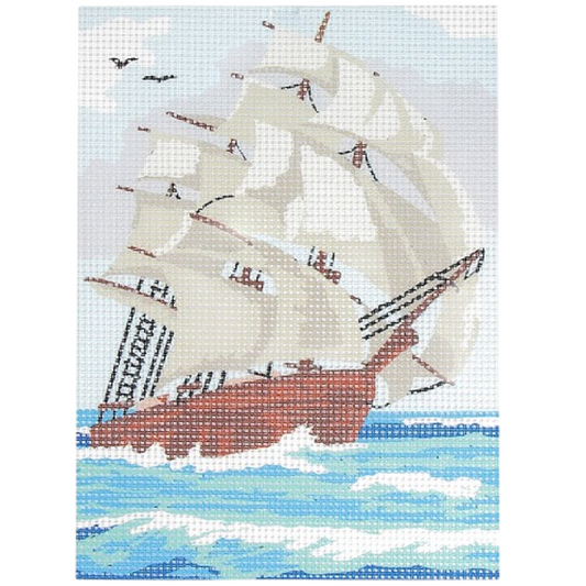 Kit canevas Voilier 15x20 cm avec toile imprimée, fils en coton et aiguille. Canocea France.