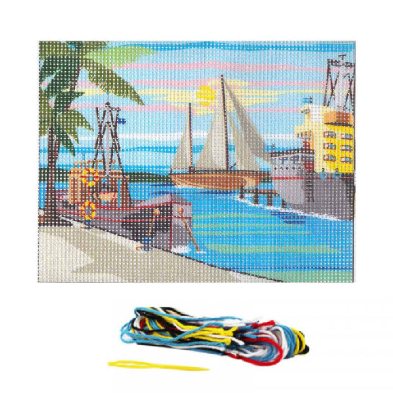 pack complet canevas contenant une toile imprimé dessin de port, des fils, une aiguille et la notice. Canocea France