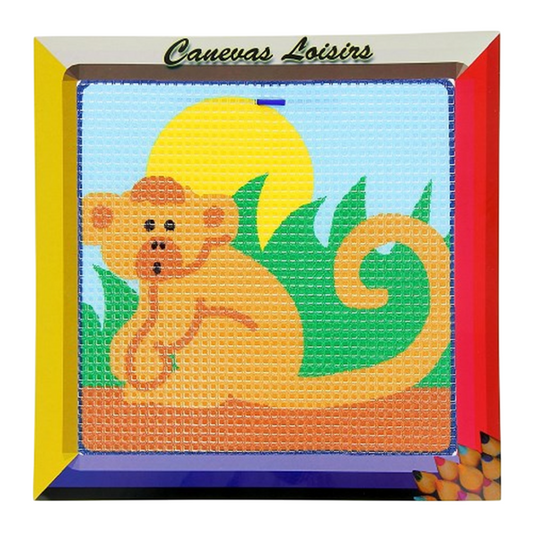 Kit canevas Singe 15x15 cm coton à gros trous – initiation broderie enfants. Canocea France
