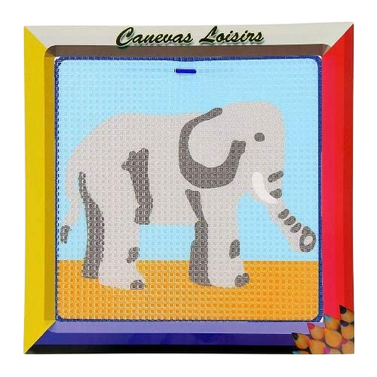 Canevas enfant facile - Éléphant joyeux - Kit complet 15x15 cm. Canocea France.