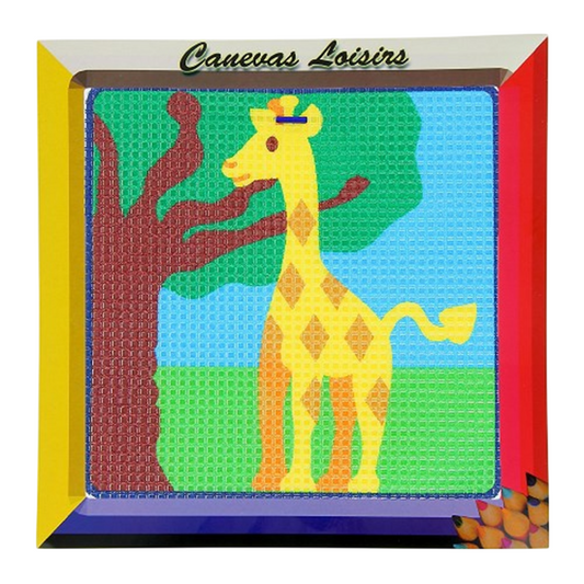 Kit canevas Girafe 15x15 cm coton gros trous – broderie enfant débutant. Canocea France