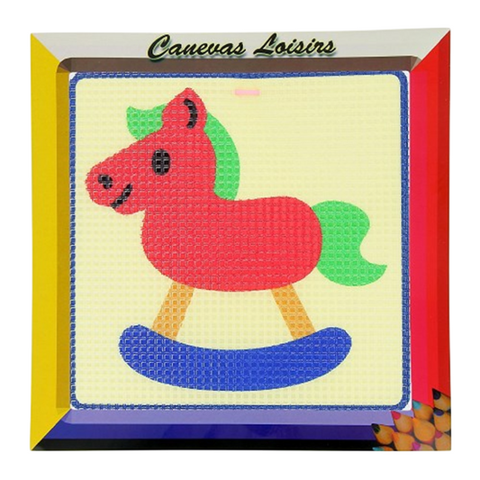 Kit canevas enfant motif cheval à bascule, 15x15 cm, toile coton et fils inclus. Canocea France.