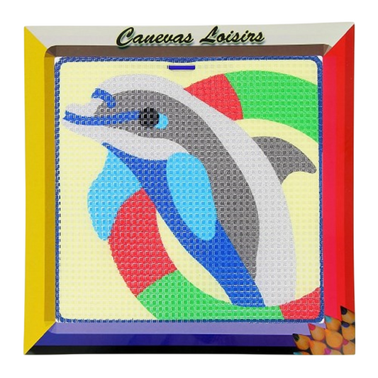 Canevas enfant facile - Dauphin au cerceau - Kit complet 15x15 cm. Canocea France.