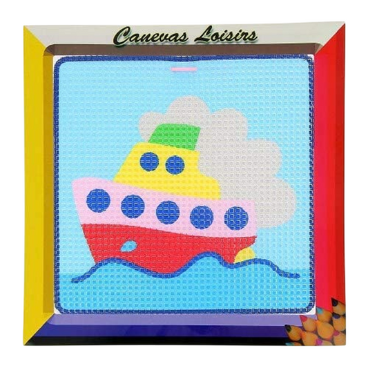 Kit canevas Bateau 15x15 cm coton gros trous – broderie enfant débutant. Canocea France