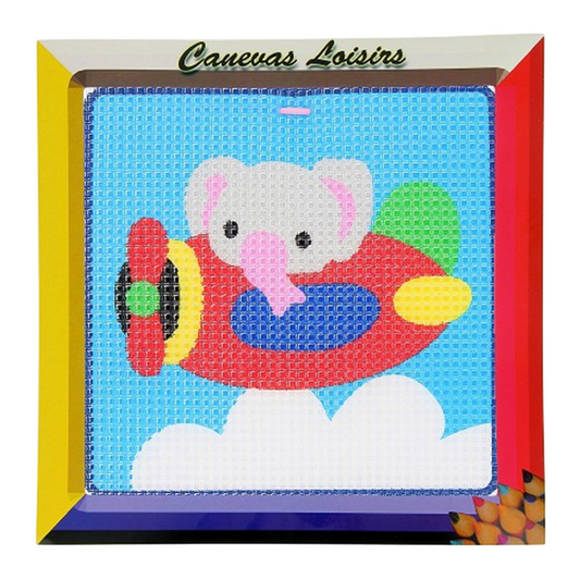 Kit canevas Éléphant avion 15x15 cm coton gros trous – broderie enfant. Canocea France