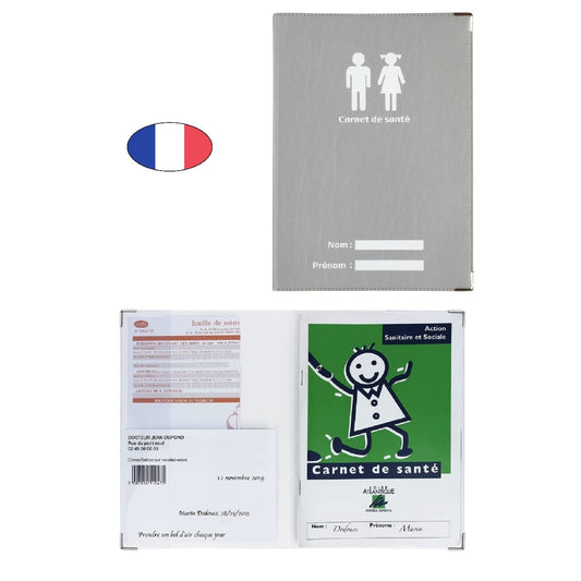 Protège carnet de santé gris argent avec zone nom – PVC – fabriqué en France – étui ordonnances imperméable végan - canocea
