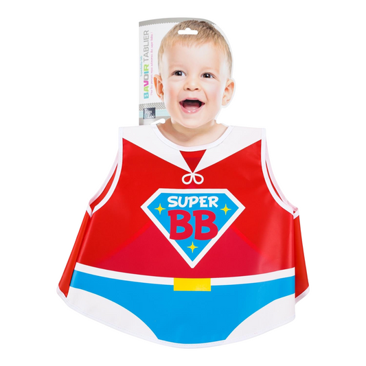 Bavoir tablier imperméable bébé rouge motif super héros. Canocea France