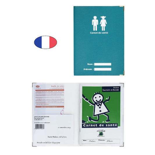 Protège carnet de santé bleu turquoise avec zone nom – PVC – fabriqué en France – étui ordonnances imperméable végan - canocea
