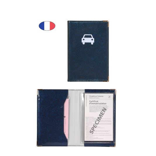 Porte papiers voiture scintillant bleu – simili cuir – ancien permis et carte grise – fabriqué en France - canocea
