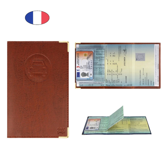 Étui porte papiers voiture marron – simili cuir – carte grise et permis – fabriqué en France - canocea

