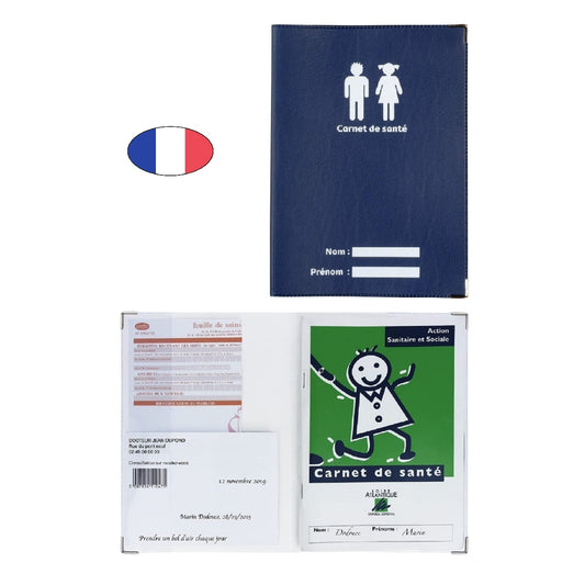 Protège carnet de santé bleu marine avec zone nom – PVC – fabriqué en France – étui ordonnances imperméable végan - canocea
