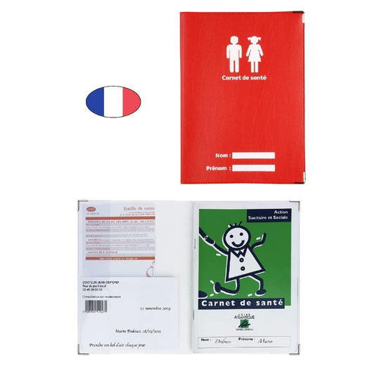 Protège carnet de santé rouge avec zone nom – PVC – fabriqué en France – étui ordonnances imperméable végan - canocea
