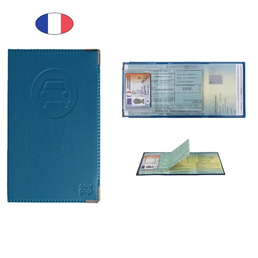 Étui porte papiers voiture bleu turquoise – simili cuir – carte grise et permis – fabriqué en France - canocea
