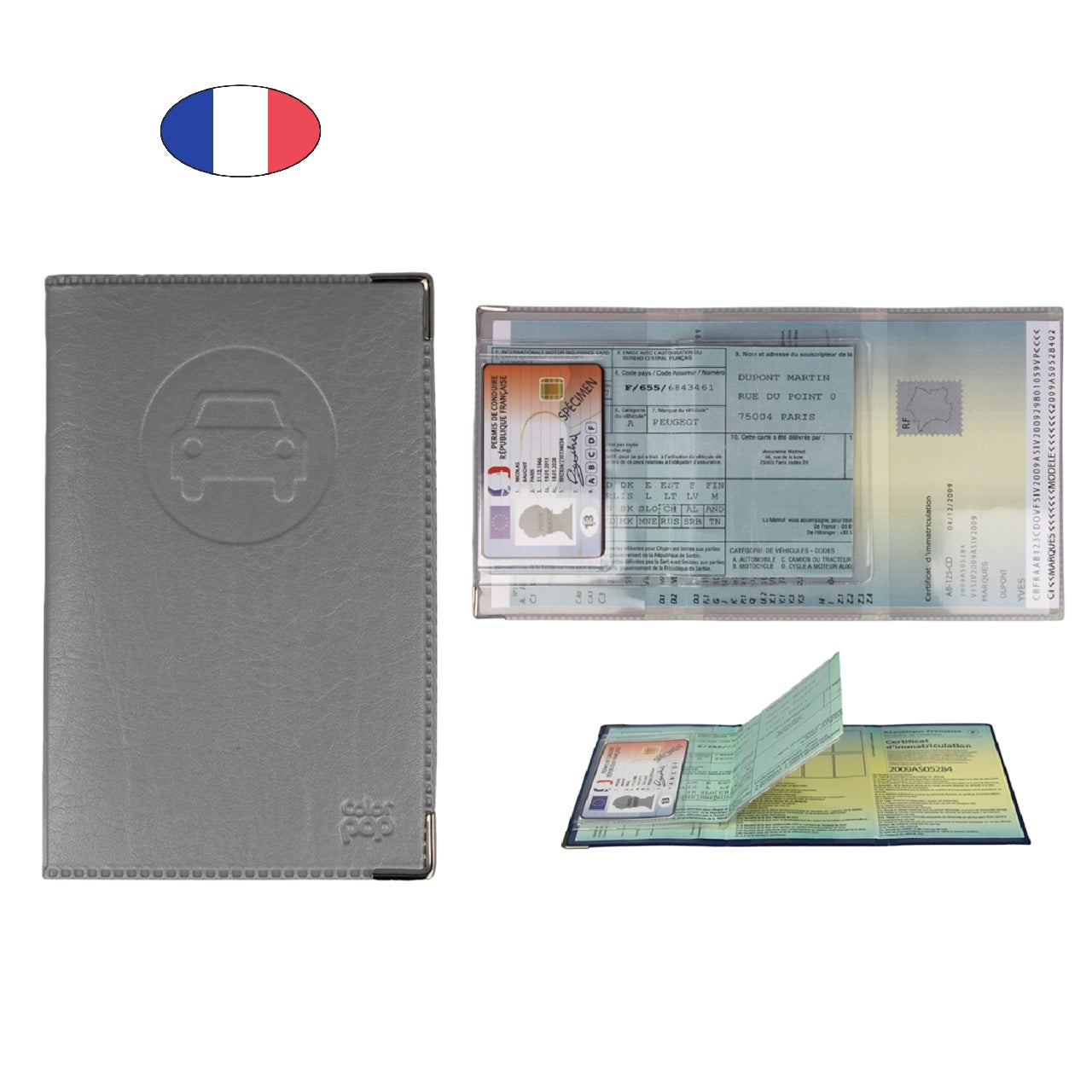 Étui porte papiers voiture gris argent – simili cuir – carte grise et permis – fabriqué en France - canocea

