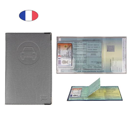 Étui porte papiers voiture gris argent – simili cuir – carte grise et permis – fabriqué en France - canocea
