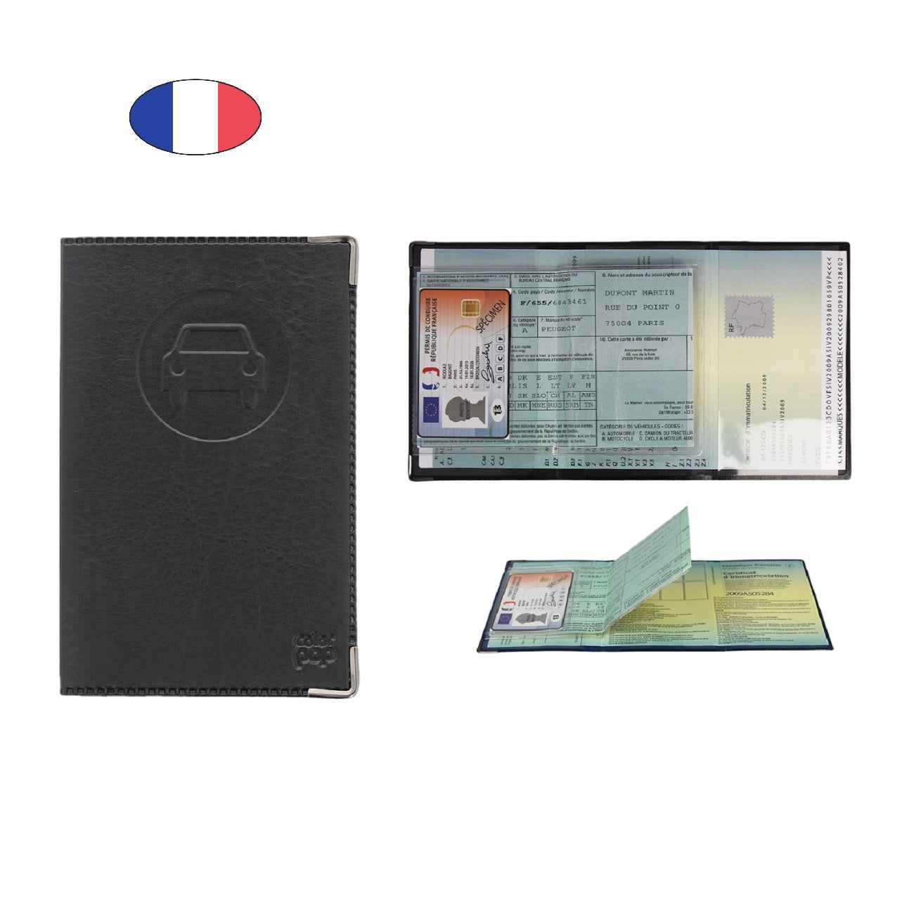 Étui porte papiers voiture noir – simili cuir – carte grise et permis – fabriqué en France - canocea
