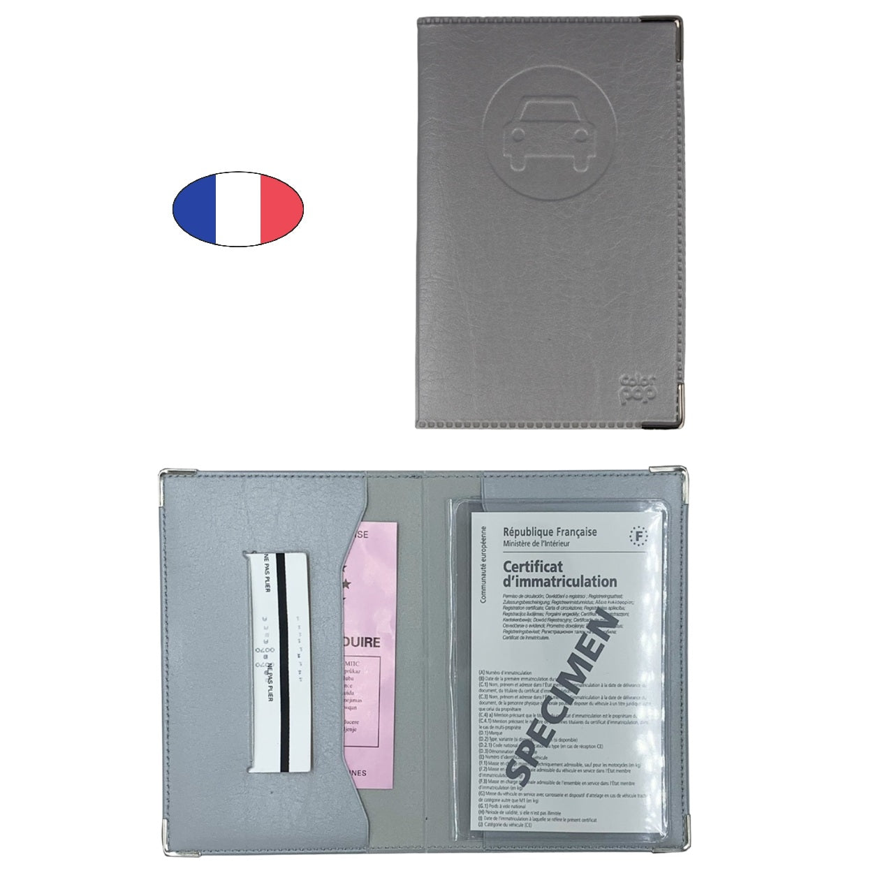 Étui porte papiers voiture gris argent – simili cuir – ancien permis et carte grise – fabriqué en France - CANOCEA
