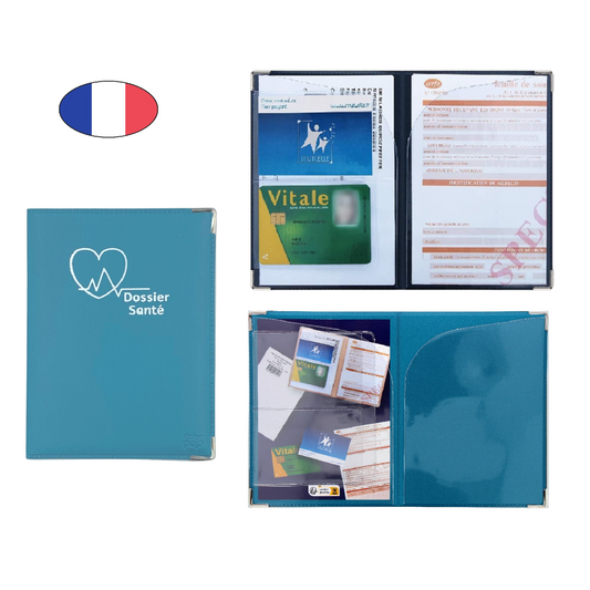 Etui santé - Bleu - Simili cuir - carte vitale + carte mutuelle + ordonnances- Fabriqué en France