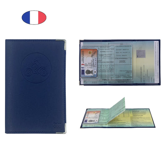 Étui porte papiers moto bleu marine – simili cuir – carte grise et permis – fabriqué en France - canocea
