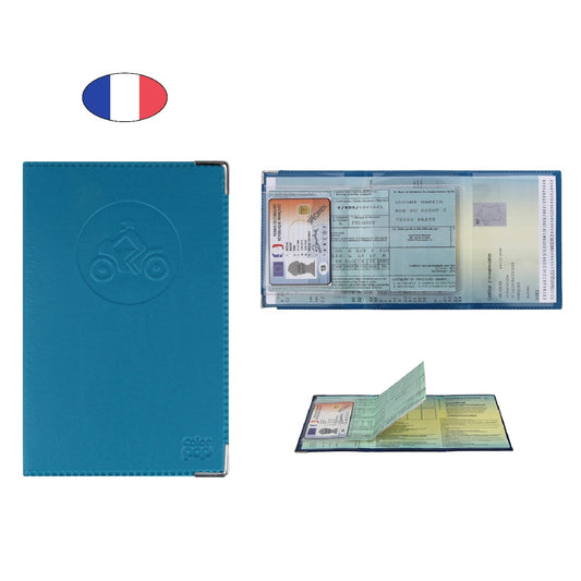 Étui porte papiers moto bleu turquoise – simili cuir – carte grise et permis – fabriqué en France - canocea
