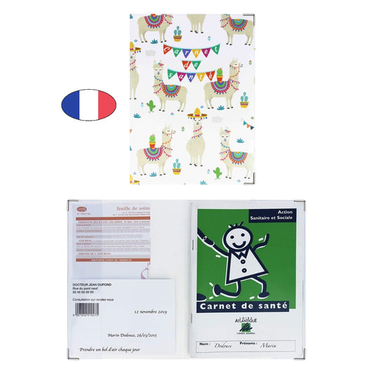 Protège carnet de santé motif lama – PVC – fabriqué en France – étui ordonnances imperméable végan - canocea
