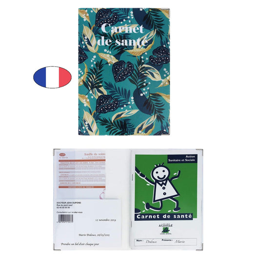 Protège carnet de santé motif feuillage – PVC – fabriqué en France – étui ordonnances bébé - canocea
