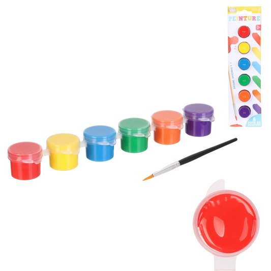 Lot 6 pots de peinture à l’eau avec pinceau – couleurs vives enfants. Canocea France