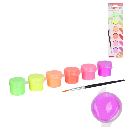 Lot 6 pots de peinture fluorescente à l’eau avec pinceau – enfants