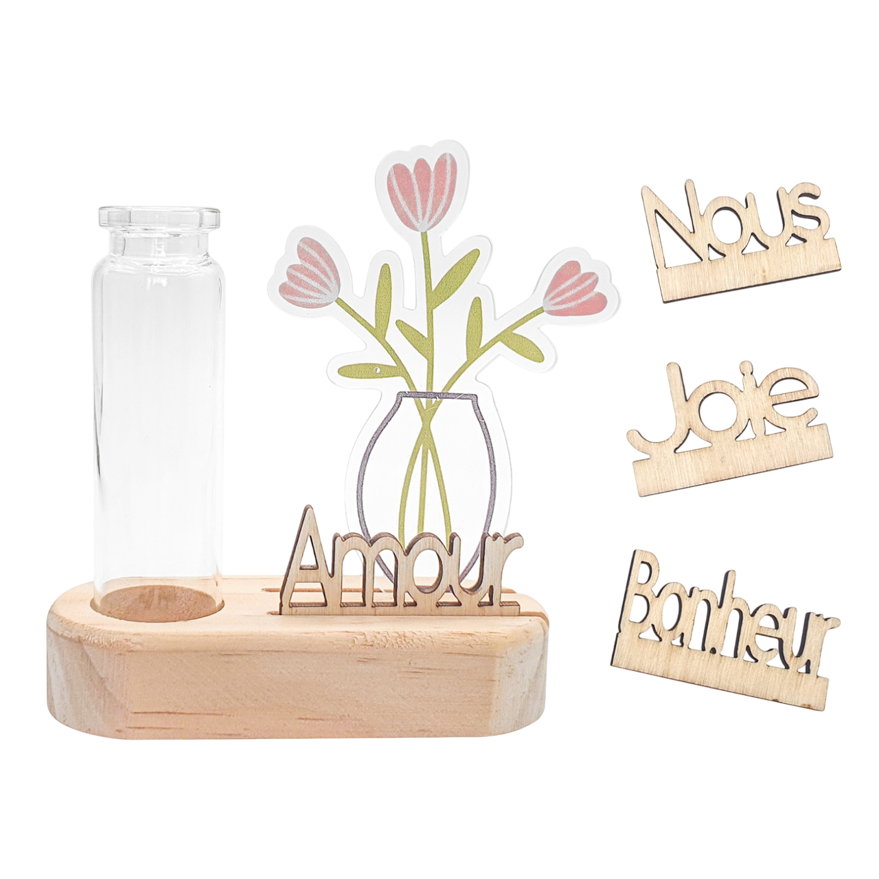 Kit déco socle bois naturel et fiole verre avec fleurs acrylique et mots bois. Canocea France