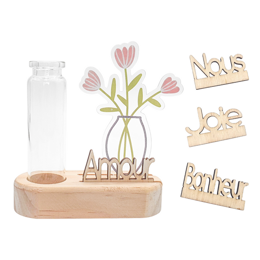Kit déco socle bois naturel et fiole verre avec fleurs acrylique et mots bois. Canocea France