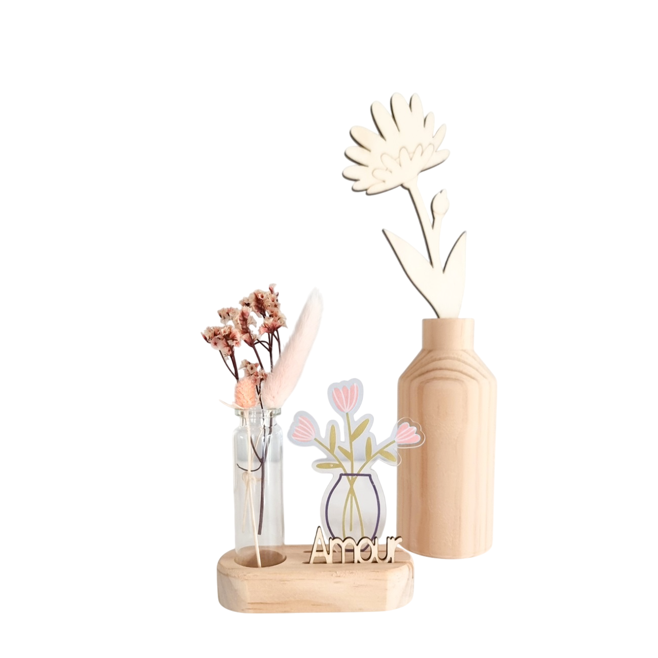 Support bois, vase verre, idéal pour préparer un cadeaux noel, anniversaire, fête des mères personnalisé. Cannocea France