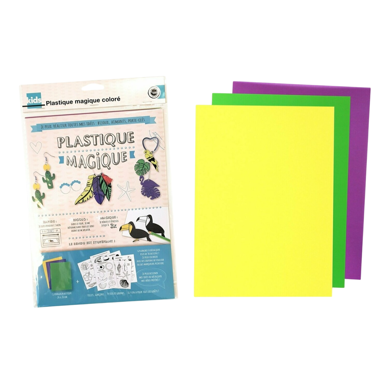 Kit plastique magique thème tropical – 3 feuilles colorées 20x28 cm – 30 dessins
